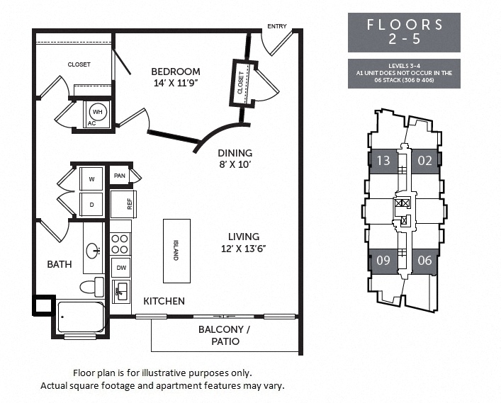 Floor plan for 1 bed, 1 bath, 888 sqft